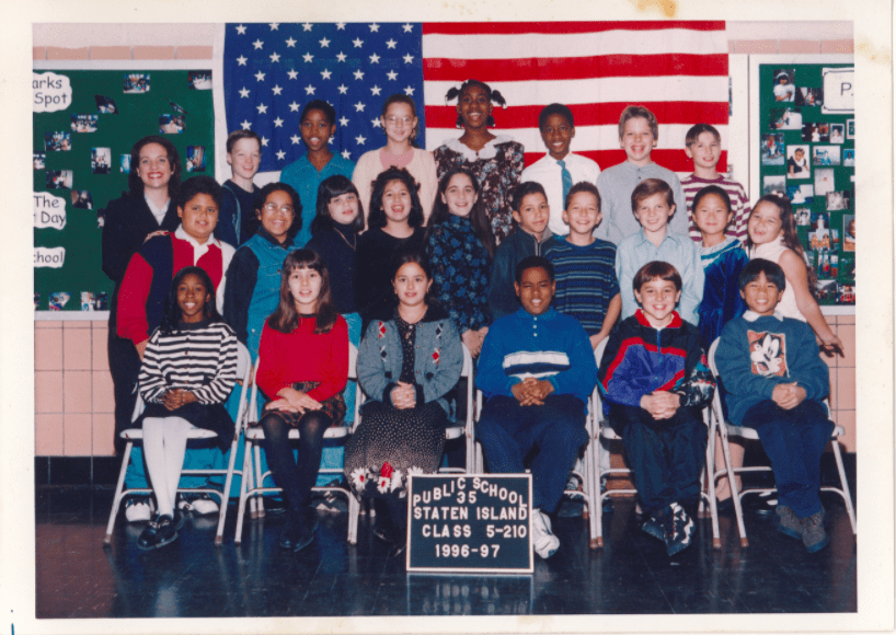PS 35 Staten Island Class 5-210 of 1997 with Amoy standing in the back row with a huge smile on her face.